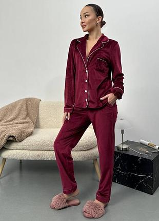 Піжама жіноча велюрова домашній комплект сорочка та штани — теплий повсякденний зручний стильний костюм для дому та сну бордовий бургунді винний