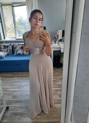 Новое вечернее пудровое платье ever pretty со шлейфом шифоновое р.us6 (наш м) бежевое цвета тауп пудровый беж на выпускной свадьбу подружки невесты