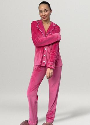 Піжама жіноча велюрова домашній комплект сорочка і штани костюм теплий повсякденний зручний стильний для дому і сну рожева