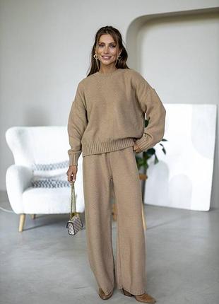 Накладной платеж ❤ 50% шерсть вязаный трикотажный брючный костюм оверсайз свитер светер и штаны палаццо
