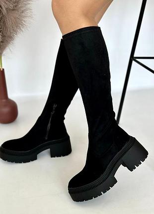 Накладной платеж ❤ без утеплителя замшевые высокие сапоги на тракторной подошве платформе
