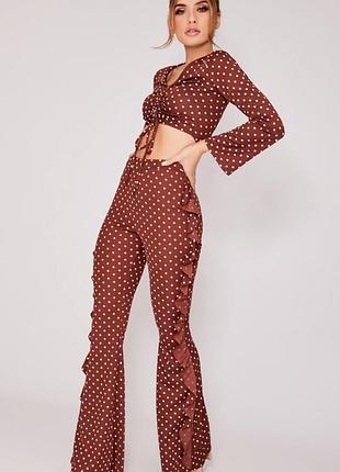 Брюки клеш с рюшами брюки в горох с высокой посадкой