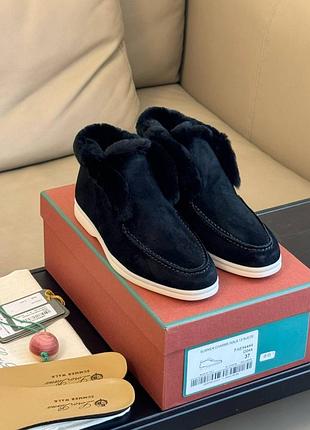 Лоферы женские зимние брендовые с мехом loro piana  чёрные