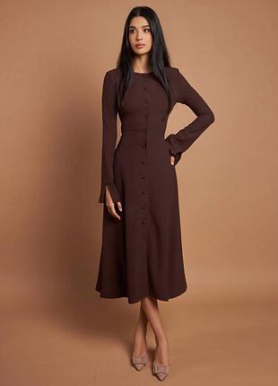 Шоколадний (коричнева) сукня міді жіноча довга з довгими рукавами костюмна тканина 635 хс-с (42-44), м-л (46-48)