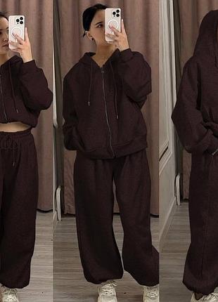 Жіночий спортивний теплий костюм двійка штани та кофта на змійці з капюшоном