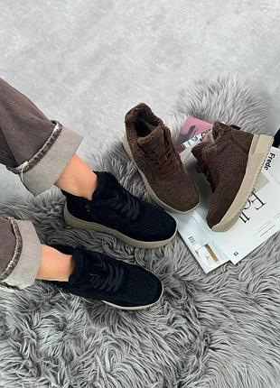 Кроссовки зимние с мехом тедди замшевые черные коричневые шоколадные 25616 25617