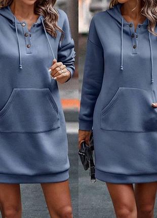 Теплое женское платье - туника, платье на флисе, с капюшоном