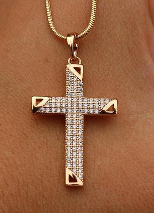 Хрестик xuping jewelry рівні краї з фіанітами 3 см золотистий