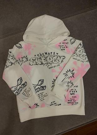 Худи толстовка белая батник свитшот в стиле граффити на девочку 9-10 лет 140/146
