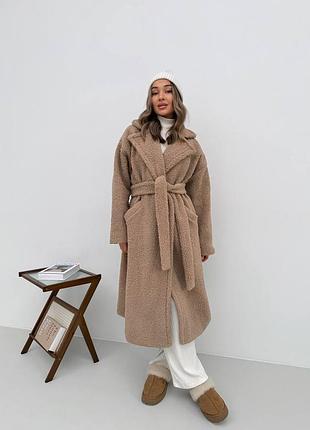 Пальто миди оверсайз тедди эко мех пасок пояс воротник пуговицы шубка шуба