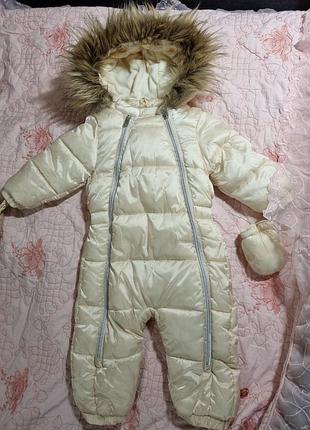 Зимний комбинезон цельный 9-12 мес молочный теплый 74 80
