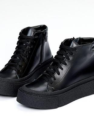 Чорні шкіряні кеди хайтопи на флісі на потовщеній підошві