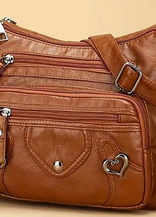 Женская сумка для плеча с сердечками, со многими карманами и застежкой, стильный однотонный дизайн