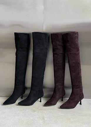 Премиальные демисезонные ботфорты женские на каблуке, натуральный велюр