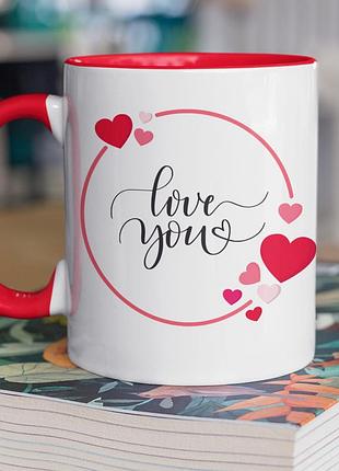 Чашка керамічна з принтом "love you" 330 мл, біла з червоною ручкою