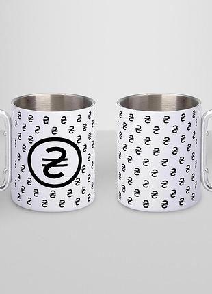 Чашка металева з принтом "гривня" 300 мл з карабіном, біла