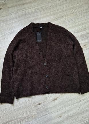 Коричневый женский кардиган осенний теплый вязанный шоколадный