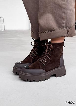 Натуральні замшеві демісезонні черевики - берці кольору шоколад