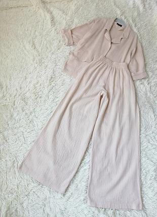 Костюм натуральный катон муслин длинные широкие брюки палаццо высокая посадка выглядит невероятно эффектно