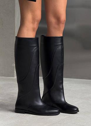 Сапоги трубы женские черные демисезон / кожаные сапоги трубы без молнии / черные сапоги трубы из натуральной кожи демисезон