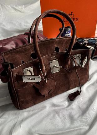 Сумка премиум натуральная замша birkin 30 chocolate/silver арт012612