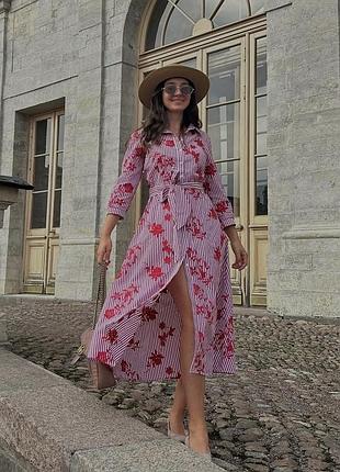 Платье красное белое в полоску вышивка