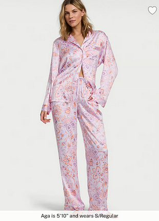 Сатиновая пижама xs glazed satin long pajama set delicate violet floral victoria's secret
