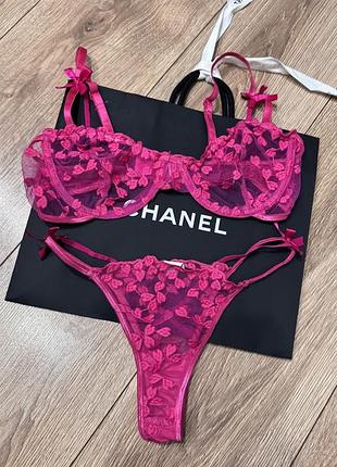 Неймовірний комплект білизни фуксія, нижнее белье розовое в сердечко, напівпрозора білизна