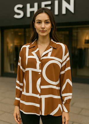 Женская блуза рубашка с геометрическим принтом, карамельно-коричневая, свободный крой / shein / eu 38-40/ м-l / стан идеален!!!