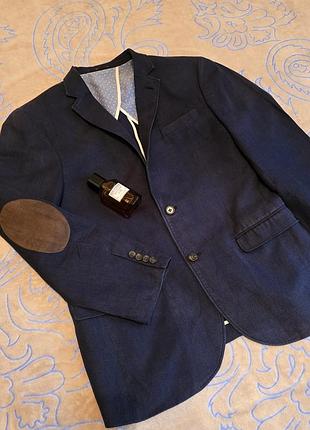 Стильний та сучасний лляний чоловічий піджак темно-синього коліру next slim fit, 40r/101.5 см