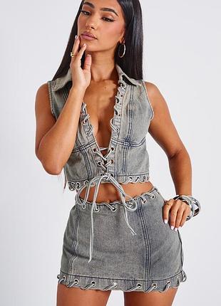 Топ джинсовый на шнуровке кроп топик деним жилетка