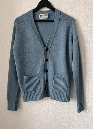 Блакитний шерстяний кардиган, светр з шетландської вовни, вовняна кофта на гудзиках