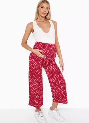 Широкие красные брюки boohoo (новые) - для беременных, свободный крой, цветочный принт | полиэстер/эластан | размер m (46)