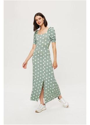 Стильное трикотажное платье мятное в горошек платье-миди платье натуральное размер 52-54