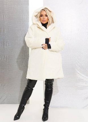 Молочна жіноча шуба подовжена з еко-хутра кролик з капюшоном 2092