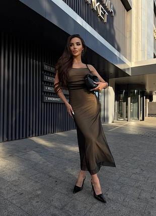 Сукня міді бежева з чорною сіткою на бретельках #0124 хс-с (42-44), м-л (46-48)