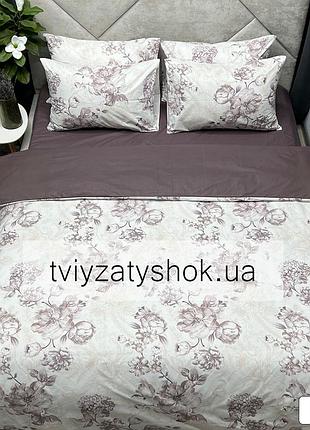 Комплект постельного белья комбинированный коричневый с белым в цветочный принт 100% хлопок