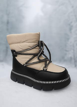 Дутики зимние детские бежевые с черным очень теплые и легкие, мягкие,