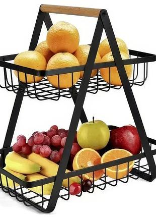 Двухярусная металлическая фруктовница с деревянной ручкой разборная железная корзина для фруктов 2 яруса