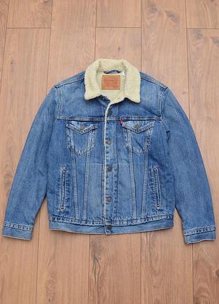 Вінтажна джинсова куртка levi’s sherpa trucker чоловіча m синя утеплена шерпа