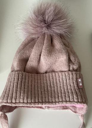 Шапочка для дівчинки 2-3 роки, з флісом і бубоном, блідо-рожева