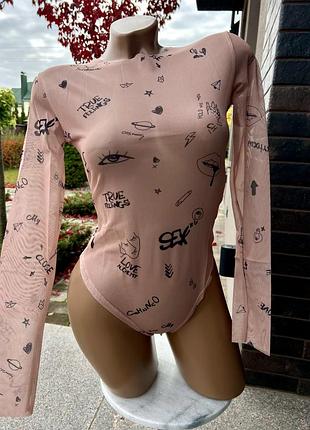 Тілесне боді з принтом і прозорими рукавами — еластичне, на кнопках