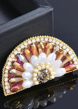 Изящная брошь веер, люкс качество, крисиаллы, бисер
