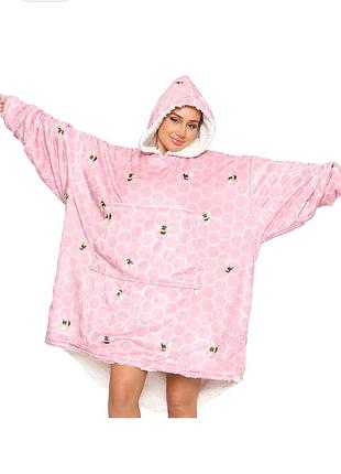 Розовое одеяло-худи оверсайз с капюшоном, узор в виде пчелиных сот и разбросанными аппликациями пчел безразмерная hug&amp;snug пижама домашней одежды