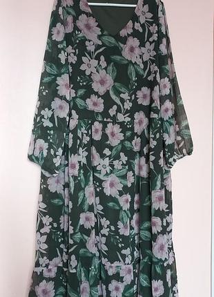 Темно зеленая в розовые цветы шифоновое длинное платье батал, цветочное длинно-платье шифон 58-60 г.