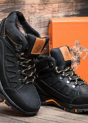 Мужские зимние кожаные ботинки кроссовки columbia black черные