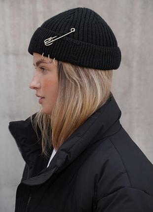 Женская утепленная трикотажная шапка бини докер на флисе without gvido destroyed black