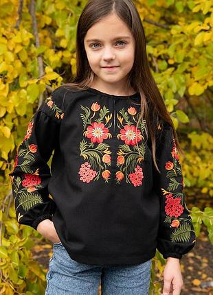 Вышиванка цветочная из льна для девушек 110-164