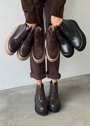 Ботинки зимние замшевые кожаные коричневые шоколадные черные на платформе танкетке 11113 11116