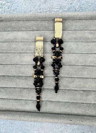 Довгі сережки кліпси плетені із намистин гематиту ручної роботи